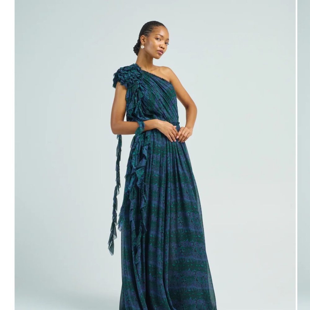 Ulla Johnson One-Shoulder Dress in Teal and Navy